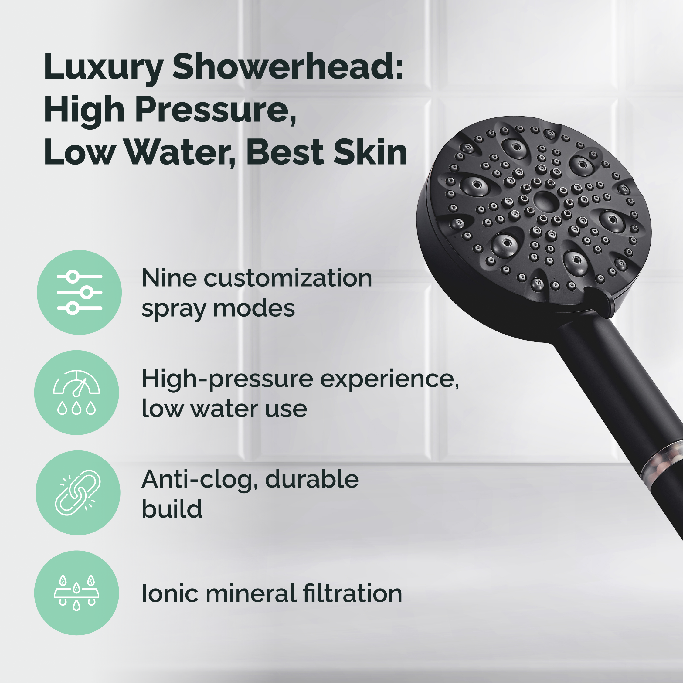 9-Mode Luxury Handheld &amp; Wall Combo Shower Head with Filtration Kit - Black