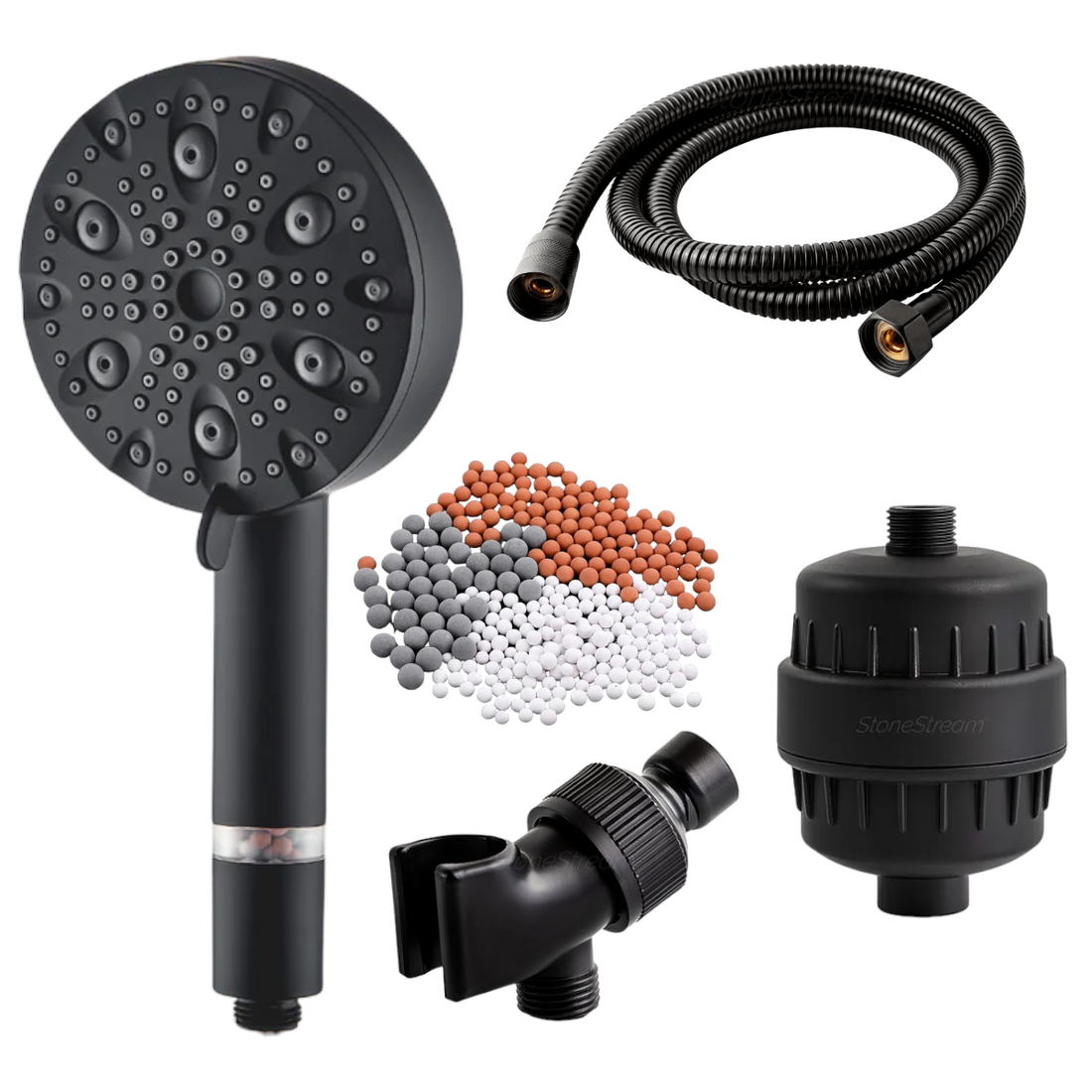 9-Mode Luxury Black Shower Head with Hard Water Filtration Kit