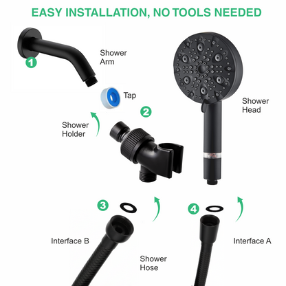 EcoLux 9-mode Black Stainless Steel Shower Head + Wall Adapter Kit